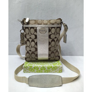 Coach Signature Brown Canvas Zipper Closure Crossbody Bag